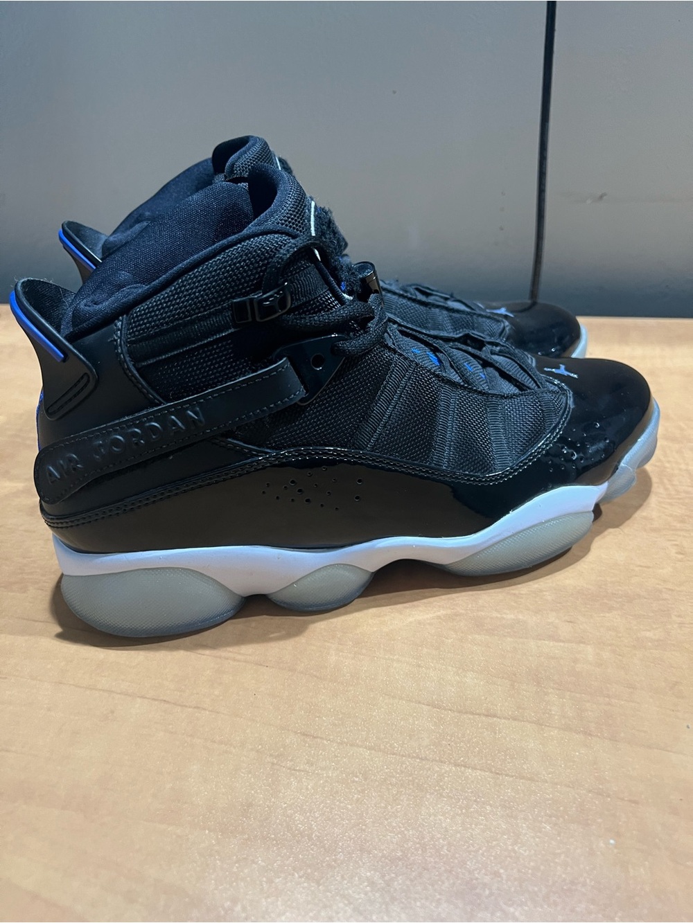 Jordan Black and Blue Patent Basketball Shoes - Picture 2 of 3
